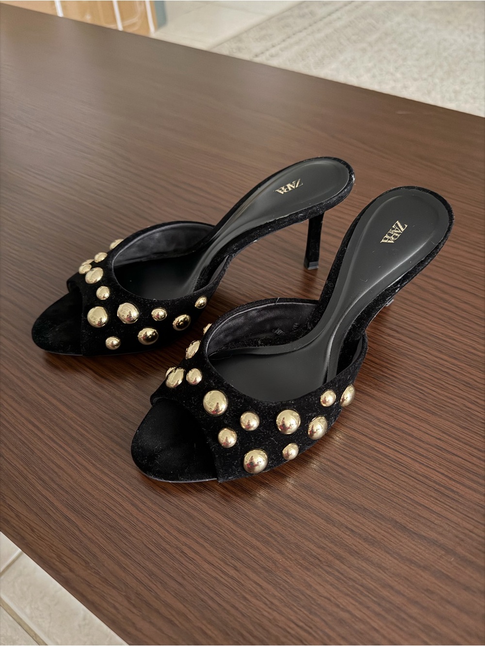 ZARA Black Velvet heeled sandals with silver Studs
